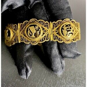 Vtg Vermeil Sterling Silver Filigree Egyptian Revival Panel Link Bracelet-32.49G